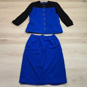 Vtg Herbert Grossman Formal 2 Piece Blue Black Skirt Suit Set Button Gold Rim 16